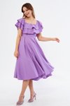 Leylak Lila Fırfır Yaka Düşük Omuz Dökümlü Midi Elbise