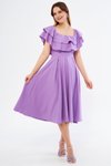 Leylak Lila Fırfır Yaka Düşük Omuz Dökümlü Midi Elbise