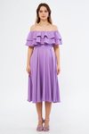 Leylak Lila Fırfır Yaka Düşük Omuz Dökümlü Midi Elbise