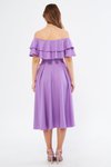 Leylak Lila Fırfır Yaka Düşük Omuz Dökümlü Midi Elbise