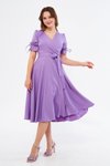 Midi Short Sleeve Ruched Belted Wrap Neck Evening Dress - Lilac