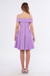 Lila Mini Kloş Askılı Kayık Yaka Pileli Abiye Elbise