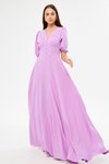 Lila Uzun Balon Kol V Yaka Korsaj Kemer Detaylı Abiye Elbise