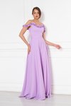 Lila Uzun Kloş Ayarlanabilir Askılı Fırfır Detay Abiye Elbise