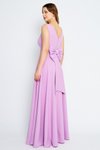 Lila Uzun Kloş V Yaka Sırtı Fiyonklu Abiye Elbise