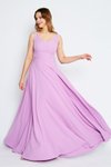 Lila Uzun Kloş V Yaka Sırtı Fiyonklu Abiye Elbise
