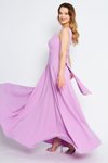 Lila Uzun Kloş V Yaka Sırtı Fiyonklu Abiye Elbise