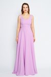 Lila Uzun Kloş V Yaka Sırtı Fiyonklu Abiye Elbise