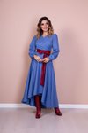 Mavi Bordo Uzun Kol Asimetrik Kesim Deri Kemerli Elbise