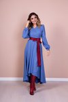 Mavi Bordo Uzun Kol Asimetrik Kesim Deri Kemerli Elbise
