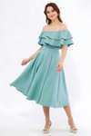 Midi Flowing Drop-Shoulder Ruffled-Neck Graduation Evening Dress - Mint Green