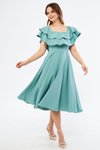 Mint Yeşili Dökümlü Midi Fırfır Yaka Düşük Omuz Mezuniyet Abiye Elbise