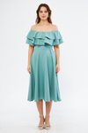 Mint Yeşili Dökümlü Midi Fırfır Yaka Düşük Omuz Mezuniyet Abiye Elbise