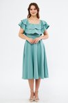 Mint Yeşili Dökümlü Midi Fırfır Yaka Düşük Omuz Mezuniyet Abiye Elbise