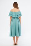 Mint Yeşili Dökümlü Midi Fırfır Yaka Düşük Omuz Mezuniyet Abiye Elbise