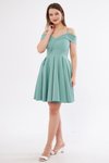 Mint Yeşili Mini Askılı Kloş Kayık Yaka Detay Pileli Abiye Elbise