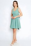 Mini Flared Pleated V-Neck Back Bow Detail Evening Dress - Mint Green