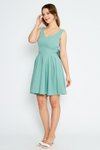 Mint Yeşili Mini Kloş Pileli V Yaka Sırtı Fiyonklu Abiye Elbise