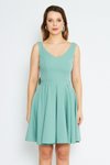Mint Yeşili Mini Kloş Pileli V Yaka Sırtı Fiyonklu Abiye Elbise