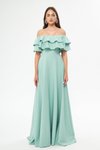 Mint Yeşili Uzun Kloş Düşük Omuz Çift Kat Fırfır Detay Abiye Elbise