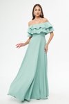 Mint Yeşili Uzun Kloş Düşük Omuz Çift Kat Fırfır Detay Abiye Elbise