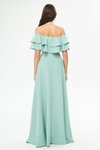 Mint Yeşili Uzun Kloş Düşük Omuz Çift Kat Fırfır Detay Abiye Elbise