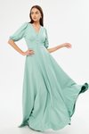Mint Yeşili Uzun V Yaka Balon Kol Korsaj Kemer Detaylı Abiye Elbise