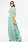Mint Yeşili Uzun V Yaka Balon Kol Korsaj Kemer Detaylı Abiye Elbise