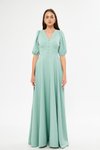 Mint Yeşili Uzun V Yaka Balon Kol Korsaj Kemer Detaylı Abiye Elbise