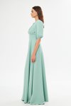 Mint Yeşili Uzun V Yaka Balon Kol Korsaj Kemer Detaylı Abiye Elbise