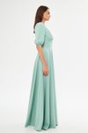 Mint Yeşili Uzun V Yaka Balon Kol Korsaj Kemer Detaylı Abiye Elbise
