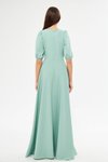 Mint Yeşili Uzun V Yaka Balon Kol Korsaj Kemer Detaylı Abiye Elbise