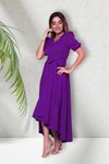 Mor Uzun Asimetrik Kesim Kruvaze Yaka Kısa Kol Abiye Elbise