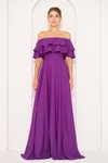 Mor Uzun Kloş Düşük Omuz Fırfır Yaka Abiye Elbise