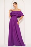 Mor Uzun Kloş Düşük Omuz Fırfır Yaka Abiye Elbise