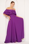 Mor Uzun Kloş Düşük Omuz Fırfır Yaka Abiye Elbise