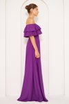 Mor Uzun Kloş Düşük Omuz Fırfır Yaka Abiye Elbise