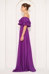 Mor Uzun Kloş Düşük Omuz Fırfır Yaka Abiye Elbise