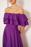 Mor Uzun Kloş Düşük Omuz Fırfır Yaka Abiye Elbise