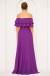 Mor Uzun Kloş Düşük Omuz Fırfır Yaka Abiye Elbise