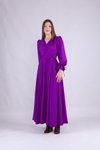 Mor Uzun Kol Kruvaze Yaka Elbise