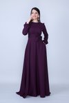 Mürdüm Maksi Uzun Kol Yuvarlak Yaka Beli Büzgülü Kuşaklı Tesettür Abiye Elbise