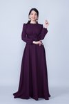 Mürdüm Maksi Uzun Kol Yuvarlak Yaka Beli Büzgülü Kuşaklı Tesettür Abiye Elbise