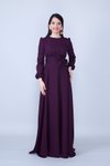 Mürdüm Maksi Uzun Kol Yuvarlak Yaka Beli Büzgülü Kuşaklı Tesettür Abiye Elbise