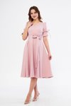 Pudra Midi Kruvaze Yaka Büzgülü Kuşaklı Elbise