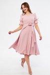 Pudra Midi Kruvaze Yaka Büzgülü Kuşaklı Elbise