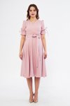 Pudra Midi Kruvaze Yaka Büzgülü Kuşaklı Elbise