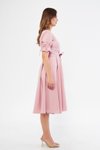Pudra Midi Kruvaze Yaka Büzgülü Kuşaklı Elbise