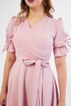 Pudra Midi Kruvaze Yaka Büzgülü Kuşaklı Elbise