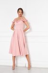 Pudra Midi Pileli Kloş Ayarlanabilir Askılı Yaka Fırfır Detay Abiye Elbise